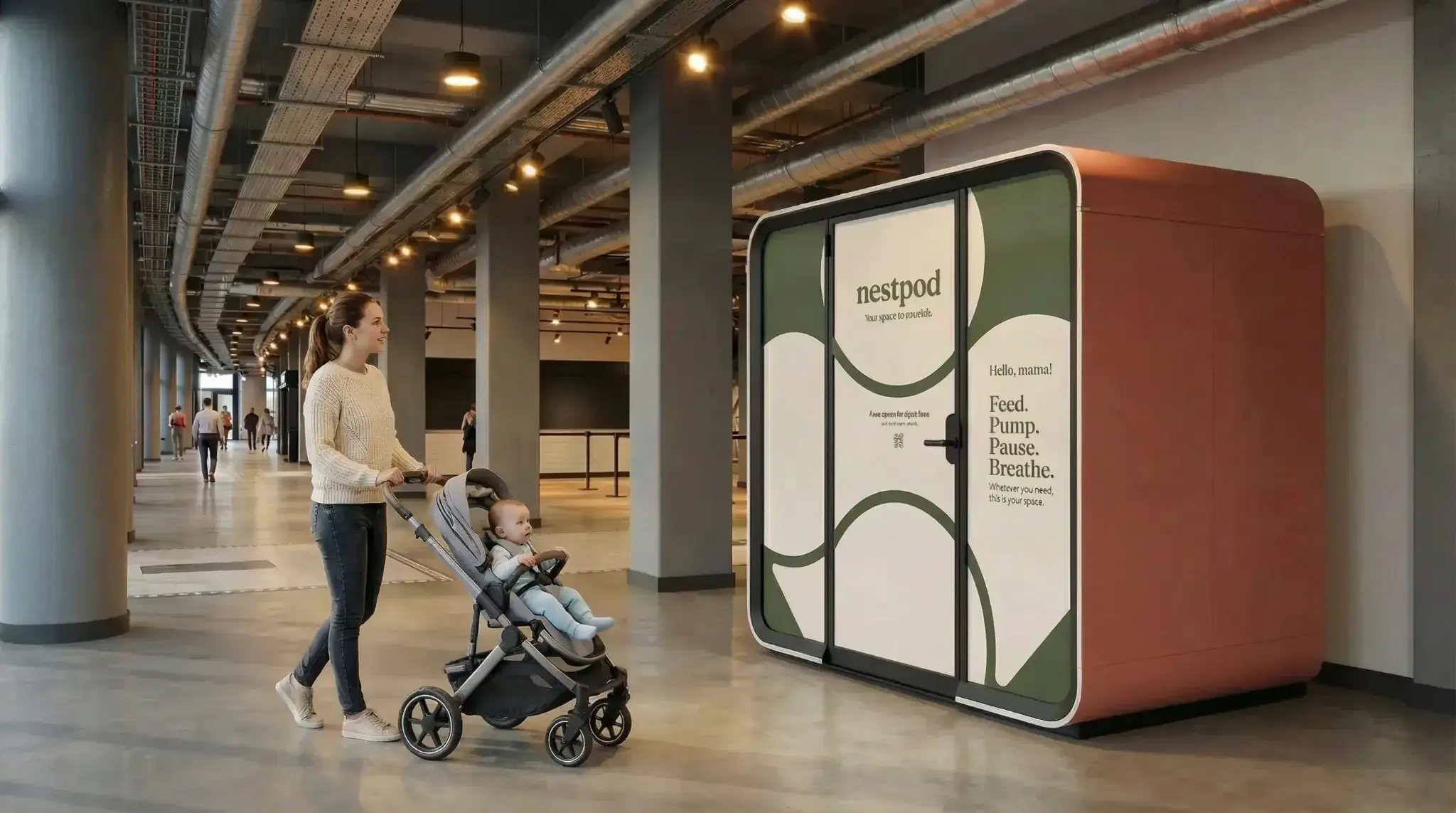 Mother with stroller using Nestpod in public space